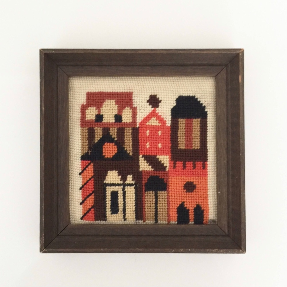 SOLD - Retro City Block Cross Stitch Needlepoint • Small Vintage Crochet Wall